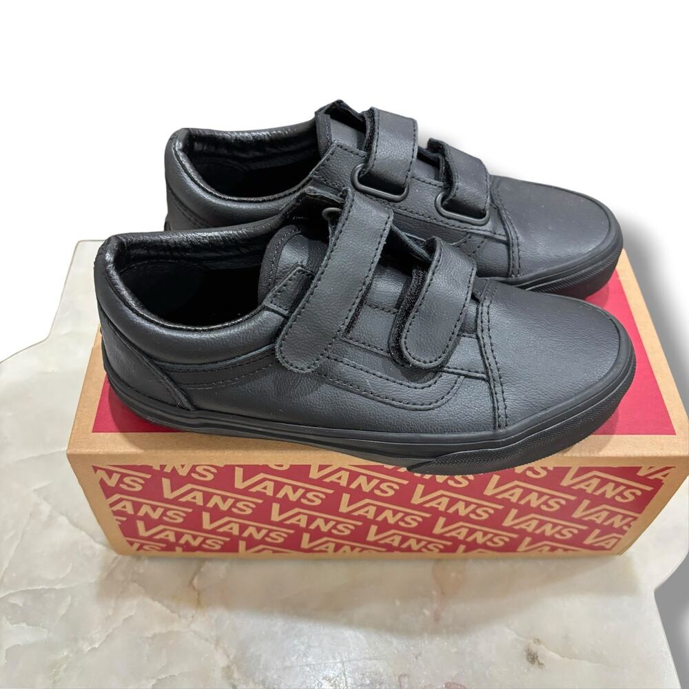 Vans Old Skool V Kids Classic Tumble Black Leather Sneakers Size US2 NIB Unisex